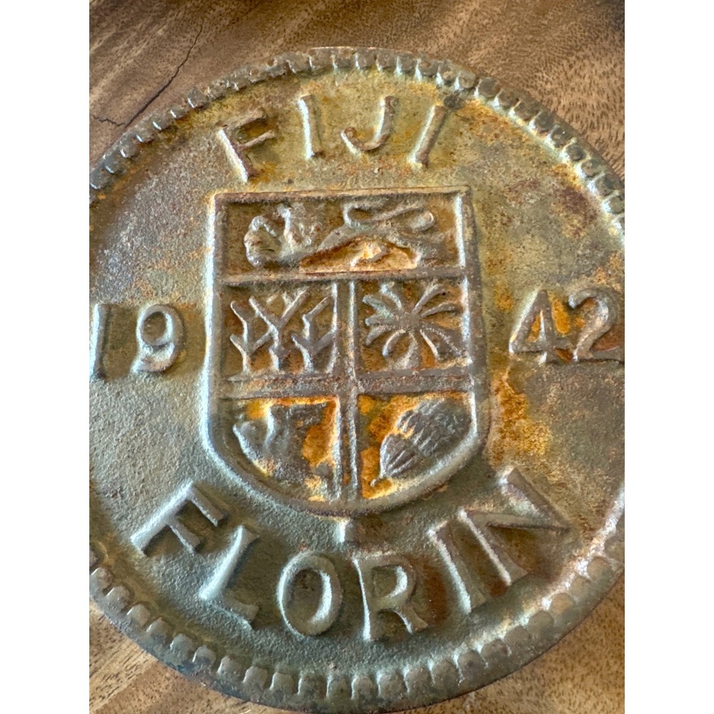 Vintage Fiji Florin 1942 Cast Iron Trivet Japan Rustic Coin Replica Gold Bronze